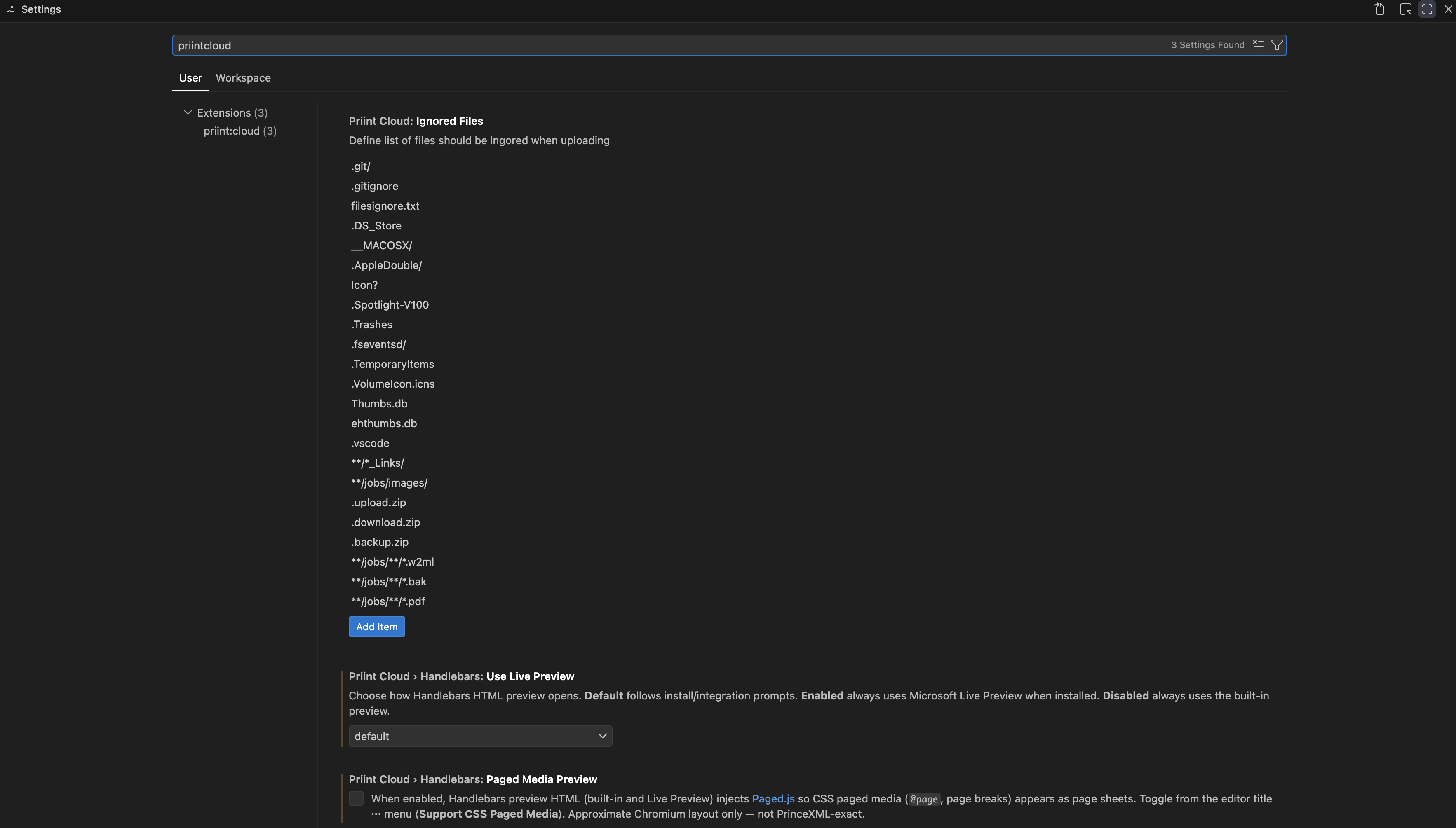 Settings filtered to priintCloud